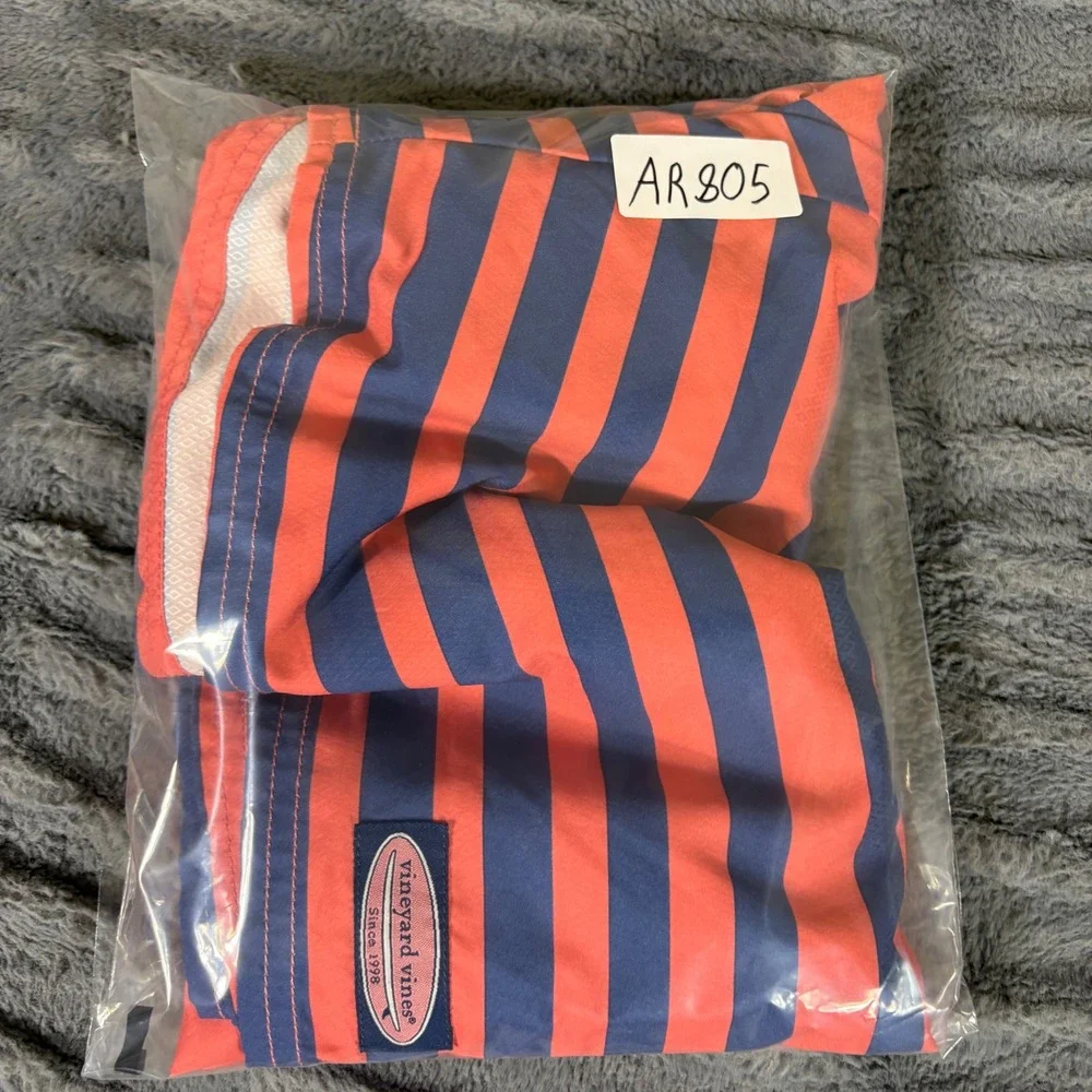 Vineyard Vines Mens 40 Board Shorts Coral Pink Navy Blue Striped Chappy Swim